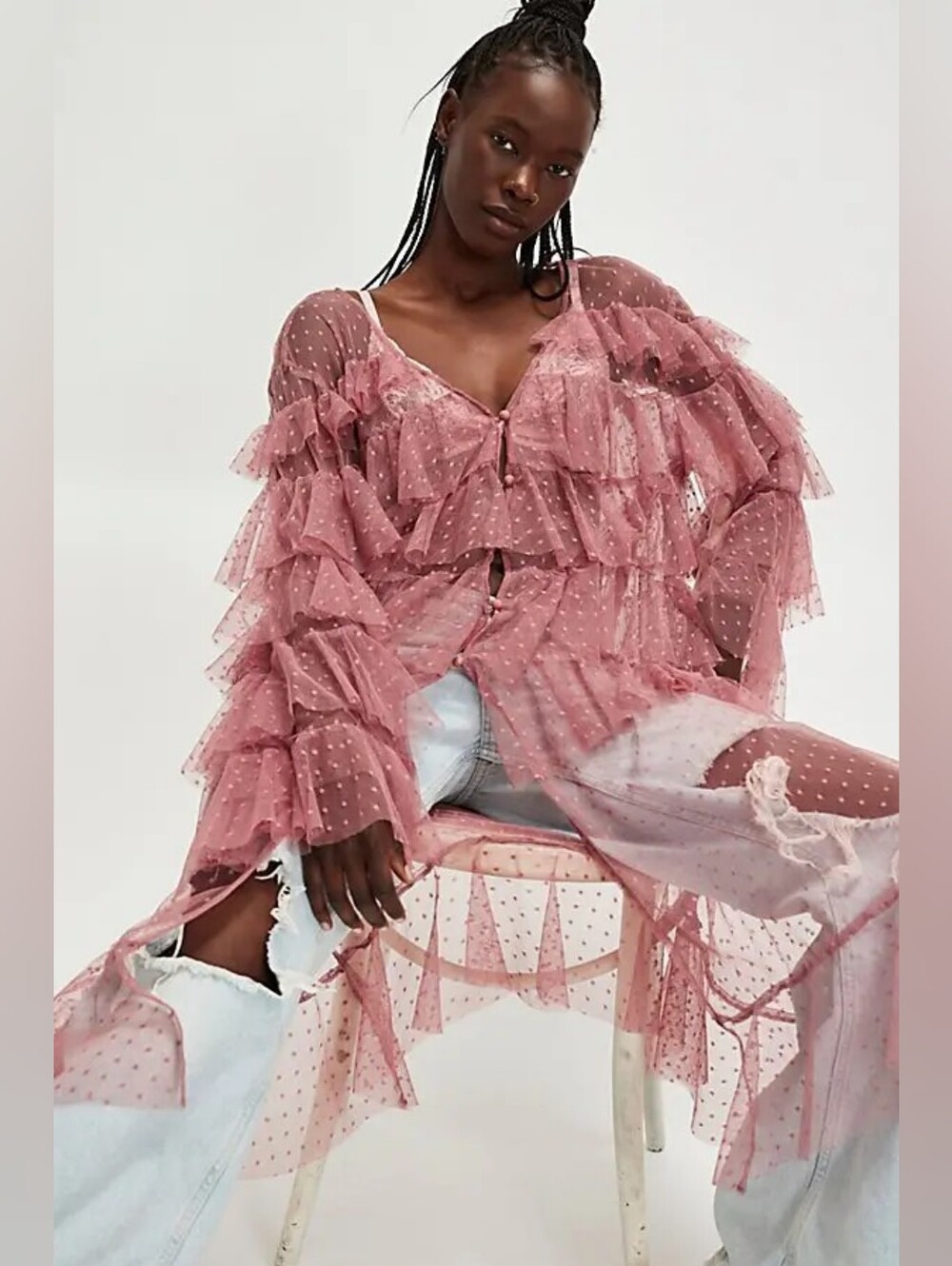 Free People Take Me Out Duster Mauve Sheer Swiss Dot Ruffle Kimono Robe NWT OS - Picture 2 of 14